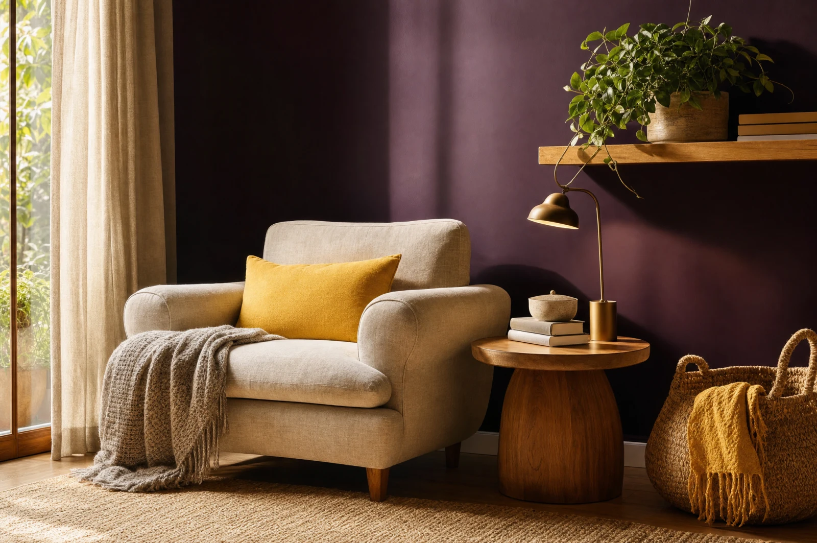 Ambiente de casa acolhedor, com móveis funcionais e detalhes em amarelo